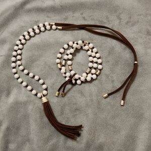 Pearl and brown leather with tassel Necklace and bracelet set